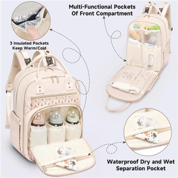 Diaper Bag Backpack Waterproof Travel Baby Bag with Changing Pad Stroller Straps - Picture 3 of 7